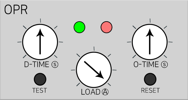 TANGENT KOREA OPR 전면 명판. D-TIME, LOAD, O-TIME 다이얼과 표시등, TEST, RESET 버튼.
